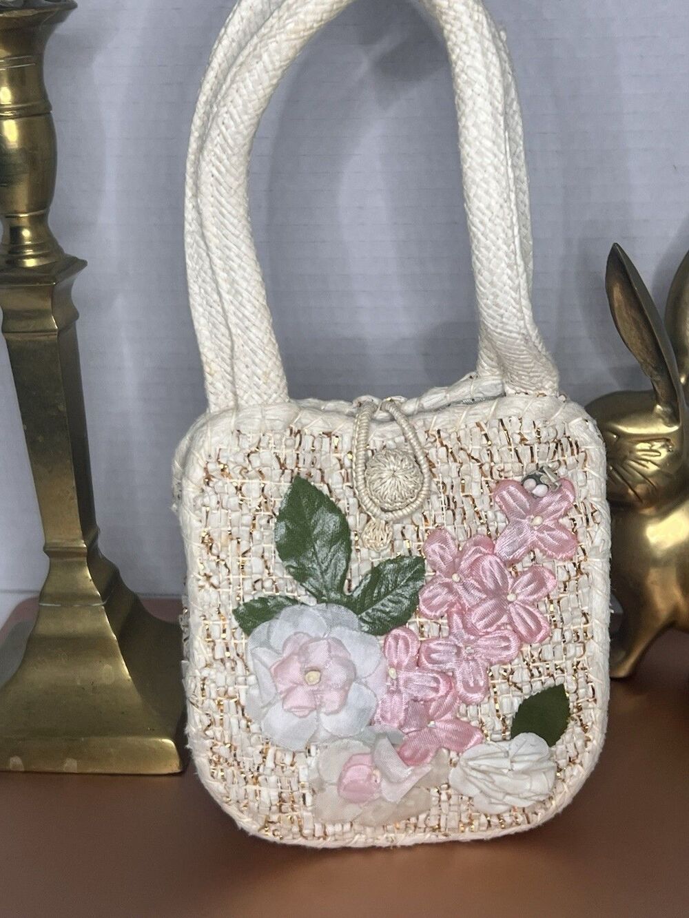 Vintage Cottagecore Floral Straw Mini Handbag Pink Ribbon Flowers Woven Purse
